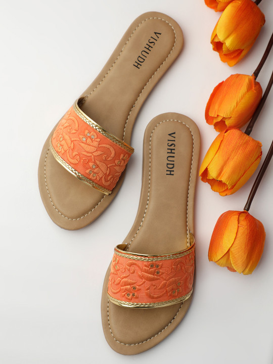 Vishudh Women Peach-Coloured Embellished Open Toe Flats
