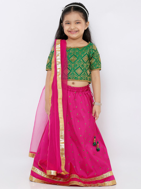 Girls Pink & Green Embroidered Ready To Wear Lehenga & Choli With Dupatta