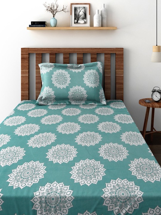 TEZRAC Green 180 TC Cotton Single Bedsheet with 1 Pillow Cover
