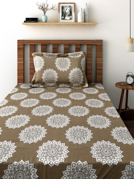 TEZRAC Taupe 180 TC Cotton Single Bedsheet with 1 Pillow Cover