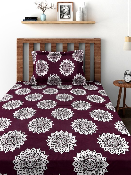 TEZRAC Burgundy 180 TC Cotton Single Bedsheet with 1 Pillow Cover