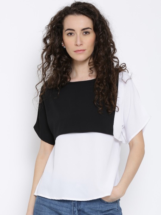 White & Black Colourblocked Layered Top S