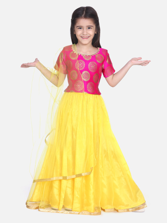 Girls Pink & Yellow Woven Design Ready to Wear Lehenga & Blouse with Dupatta
