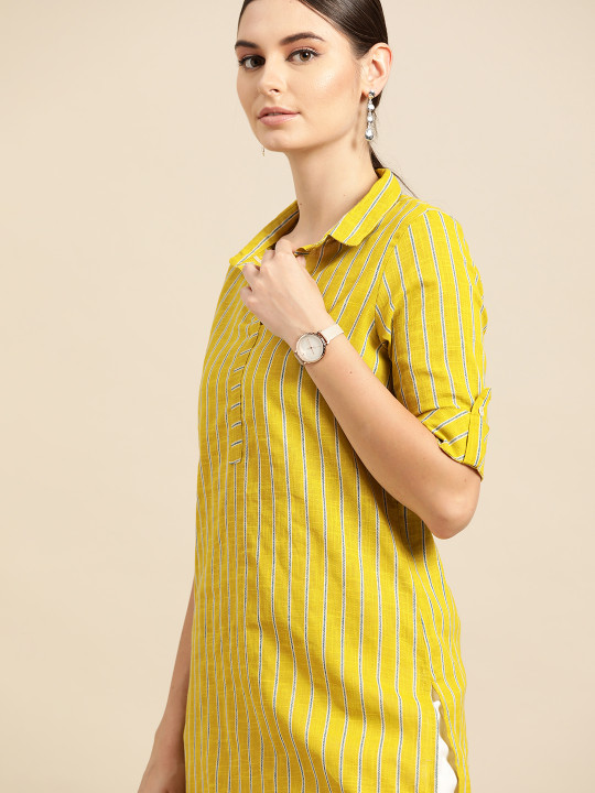 Anouk X fwd Women Lime Green & Teal Blue Striped Cotton Straight Kurta