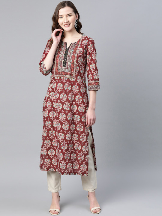 Rain & Rainbow Women Burgundy & Blue Pure Cotton Printed A-Line Tunic