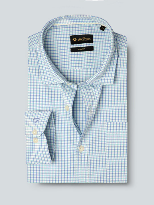 INVICTUS Men Easy Care Sea Green & Blue Checked Sustainable Formal Shirt