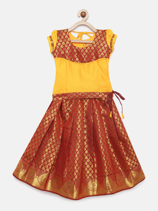 Girls Yellow & Red Ready to Wear Pattu Pavadai