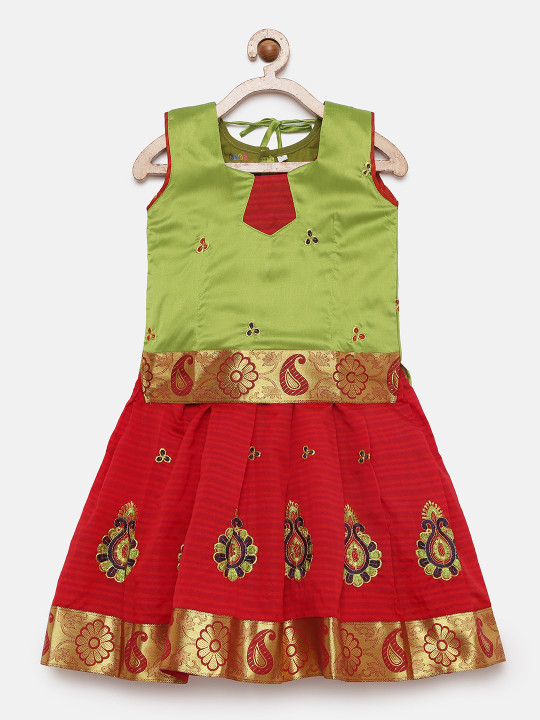Green & Red Ready to Wear Pattu Pavadai