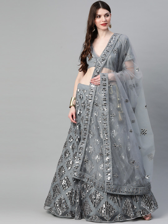 Grey Embellished Semi-Stitched Lehenga & Blouse with Dupatta