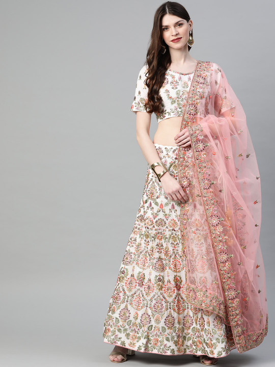 White & Pink Embroidered Semi-Stitched Lehenga & Unstitched Blouse with Dupatta