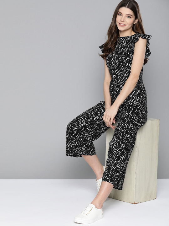 Mast & Harbour Women Black & White Printed Ruffle Sleeves Basic Jumpsuit