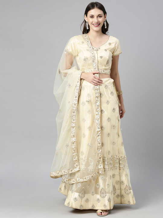 Cream-Coloured & Golden Lehenga & Made to Measure Blouse with Dupatta