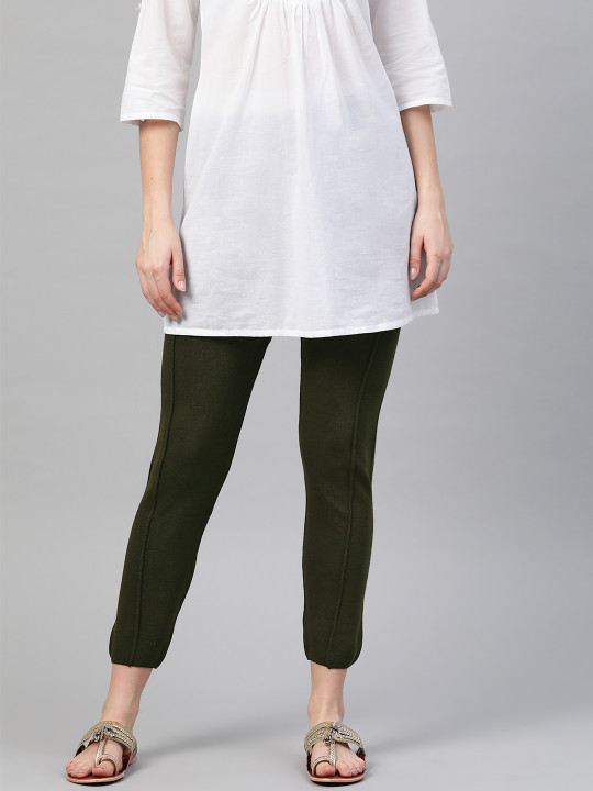 Women Olive Green Knitted Solid Winter Leggings