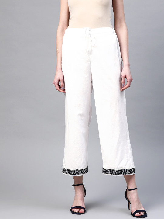Laado - Pamper Yourself Women White Hem Design Wide Leg Sustainable Palazzos