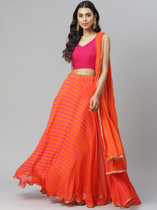 Orange & Magenta Leheriya Print Ready to Wear Lehenga with Solid Blouse & Dupatta