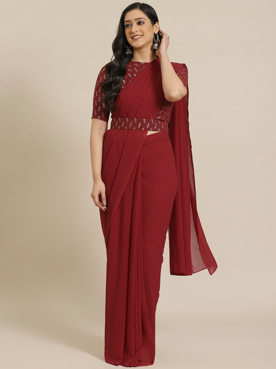 Maroon Ready to Wear Solid Belted One Minute Saree