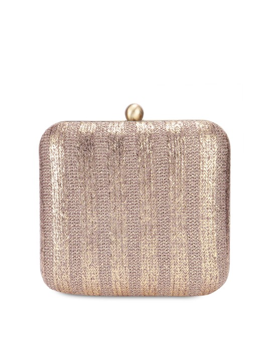 Beige & Gold-Toned Leather Box Clutch