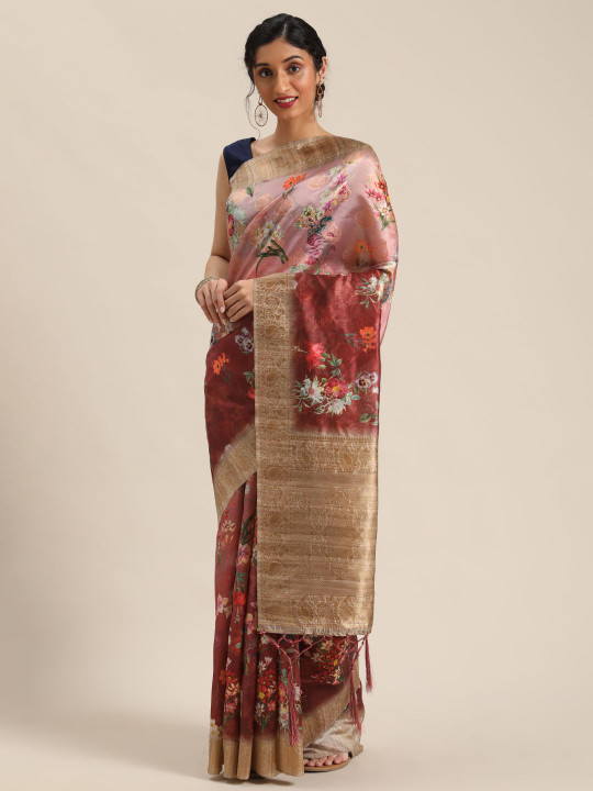 Maroon & Golden Digital Floral Printed Saree
