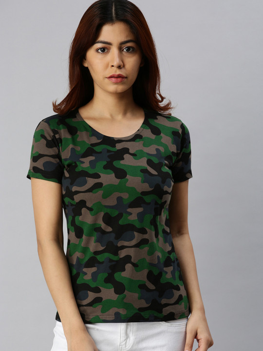 JUNEBERRY Women Green Camouflage Printed Round Neck Regular Fit Pure Cotton T-Shirt