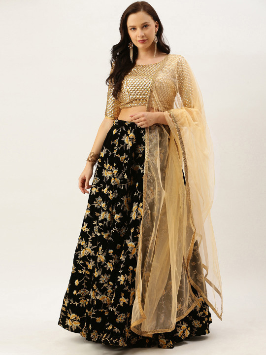 Beige & Black Embellished Made to Measure Lehenga & Blouse with Dupatta