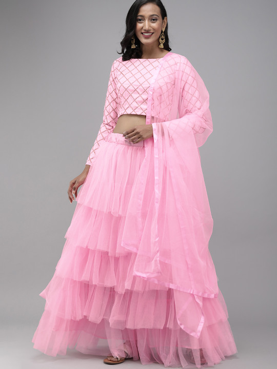 Pink EmbroideredTiered Semi-Stitched Lehenga & Blouse with Dupatta