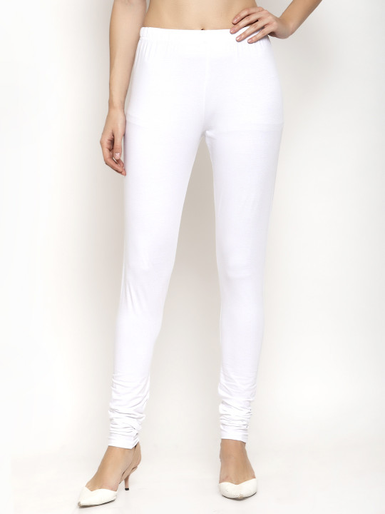 Women White Solid Churidar Length Leggings