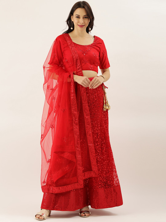 Red Embroidered Semi-Stitched Lehenga & Blouse with Dupatta