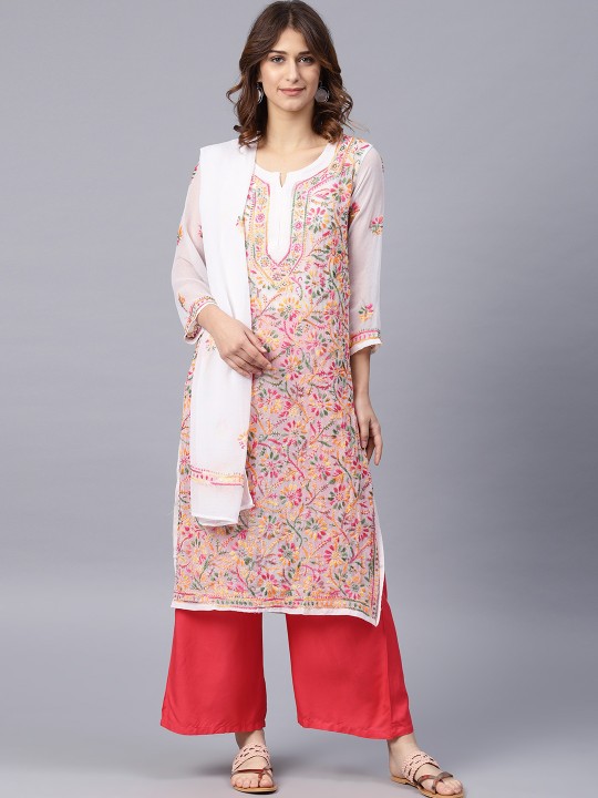 White Chikankari Embroidered Sheer Kurta with Dupatta S