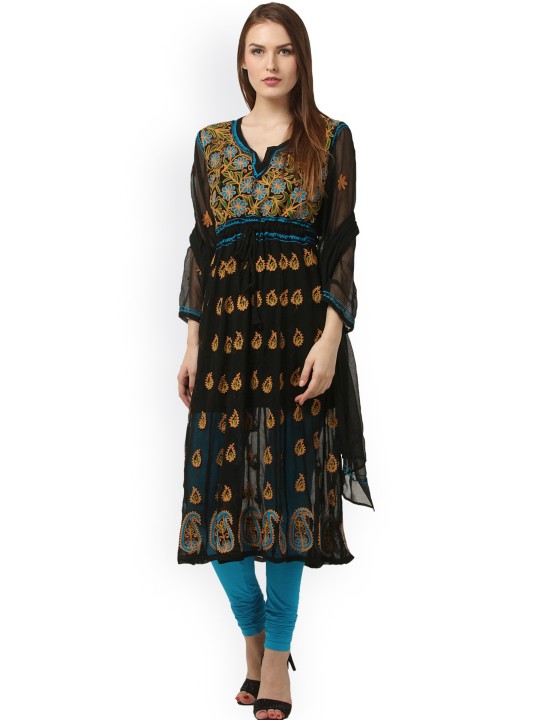 Black Chikankari Embroidered Sheer Kurta with Dupatta S