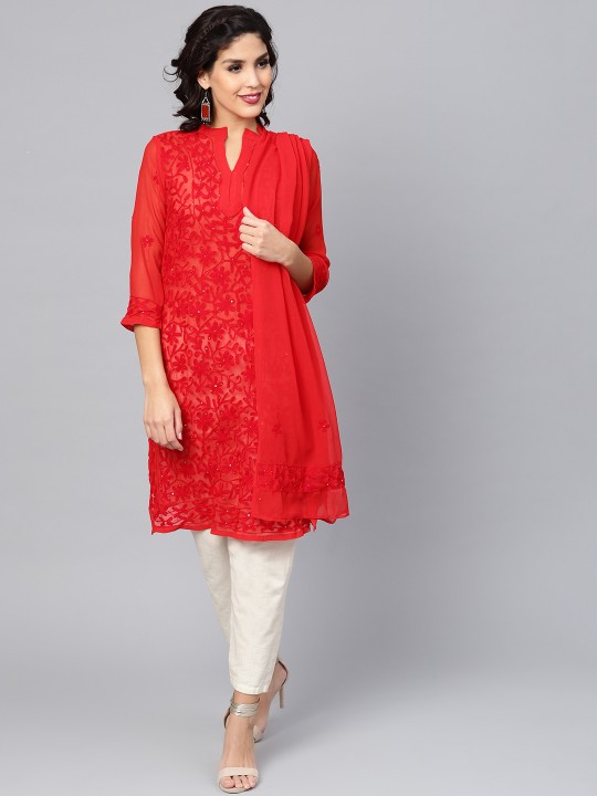 Buy Women Red Chikankari Embroidered Sheer Straight Kurta with Dupatta ...