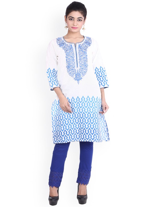 White Hand Print Kurta S