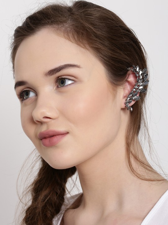Oxidised Silver-Toned Stone-Studded Mismatched Ear Cuff Set