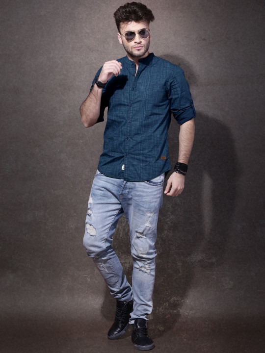 men blue printed casual sustainable shirt