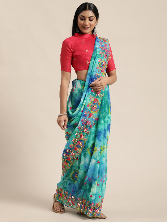 Blue & Green Pure Georgette Embroidered Saree