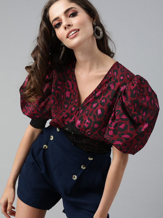 KASSUALLY Kassually Burgundy & Black Animal Printed Puff Sleeves Regular Crop Top
