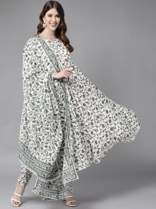 Libas Womens White Printed Cotton Anarkali Kurta With Churidar & Dupatta