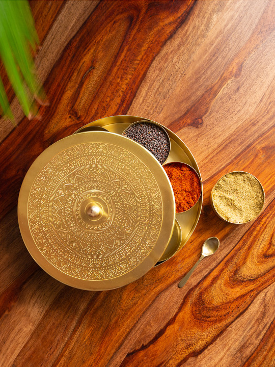 ExclusiveLane Gold-Toned Floral-Etched Handcrafted Brass Spice Box With Spoon