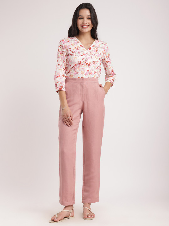 FABLE STREET Women Pink Slim Fit Solid Regular Trousers