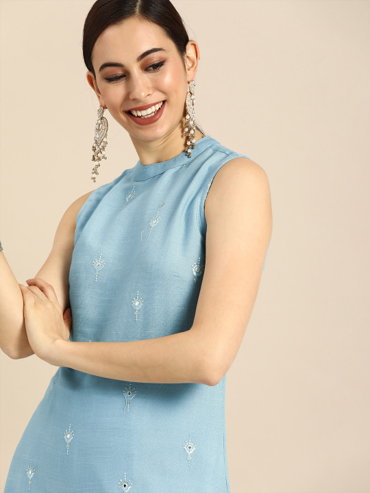 Anouk X fwd Women Blue & White Embroidered Mirror Work Kurta with Palazzos
