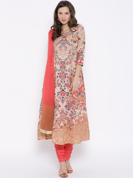 Buy Dusty Pink Printed A-Line Churidar Kurta with Dupatta XXL Online at ...