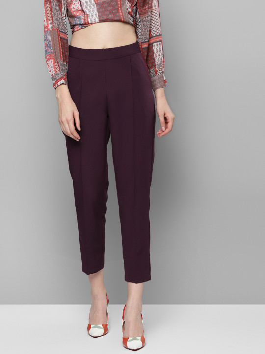 SASSAFRAS Women Burgundy Tailored Cropped Peg Regular Fit Trousers