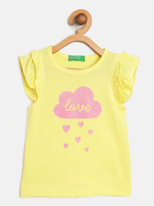 United Colors of Benetton Yellow & Pink Glitter Cloud Print Flutter Sleeves Regular Top