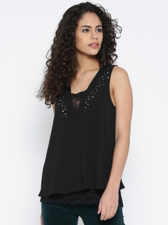 Women Black Embellished Detail Layered A-Line Top S