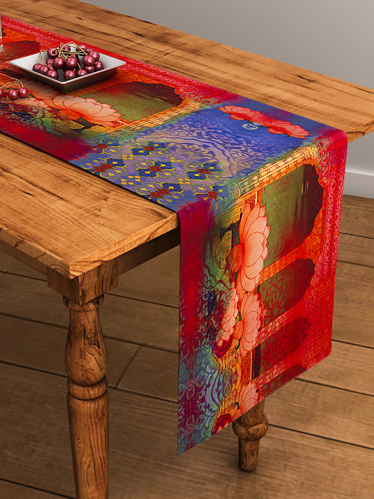 Red Printed Rectangular Cotton Table Runner