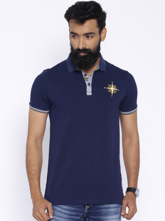 Buy Men Navy Print Polo Neck T-shirt Online - 746234
