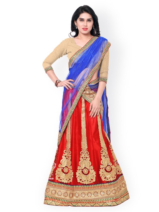 Beige & Red Embroidered Net Unstitched Lehenga Choli with Dupatta