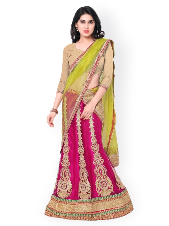Beige & Pink Embroidered Net Unstitched Lehenga Choli with Dupatta
