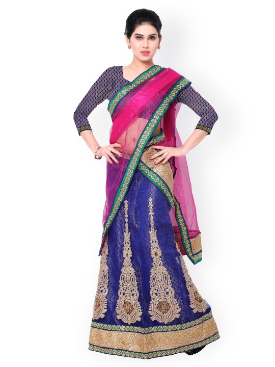 Blue & Pink Embroidered Net Unstitched Lehenga Choli with Dupatta