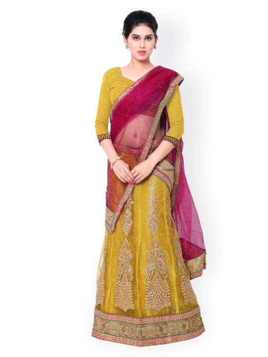 Yellow & Magenta Embroidered Net Unstitched Lehenga Choli with Dupatta