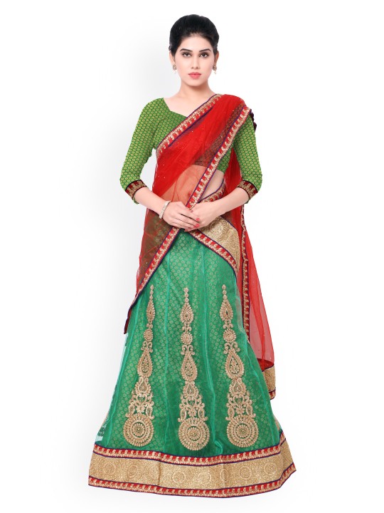 Red & Green Embroidered Net Unstitched Lehenga Choli with Dupatta